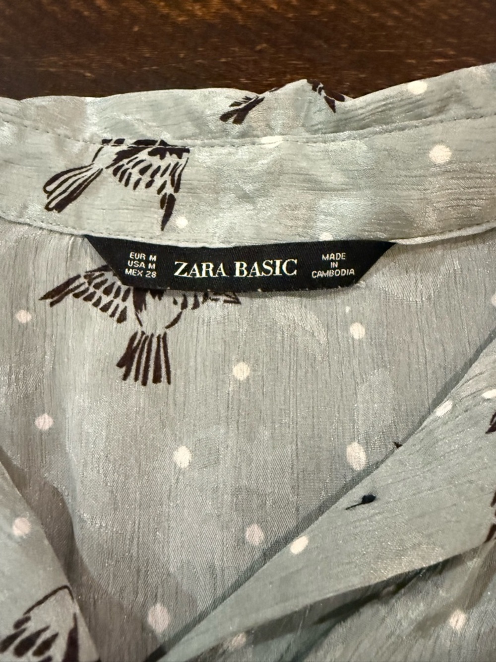 Zara Basic Bird Print Button Down Blouse Sage Green Polka Dot Size M - Picture 3 of 13